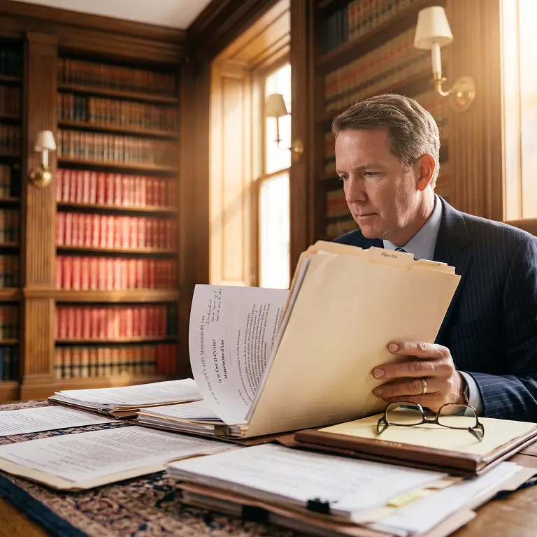 Attorney reviewing litigation case files for a business dispute
