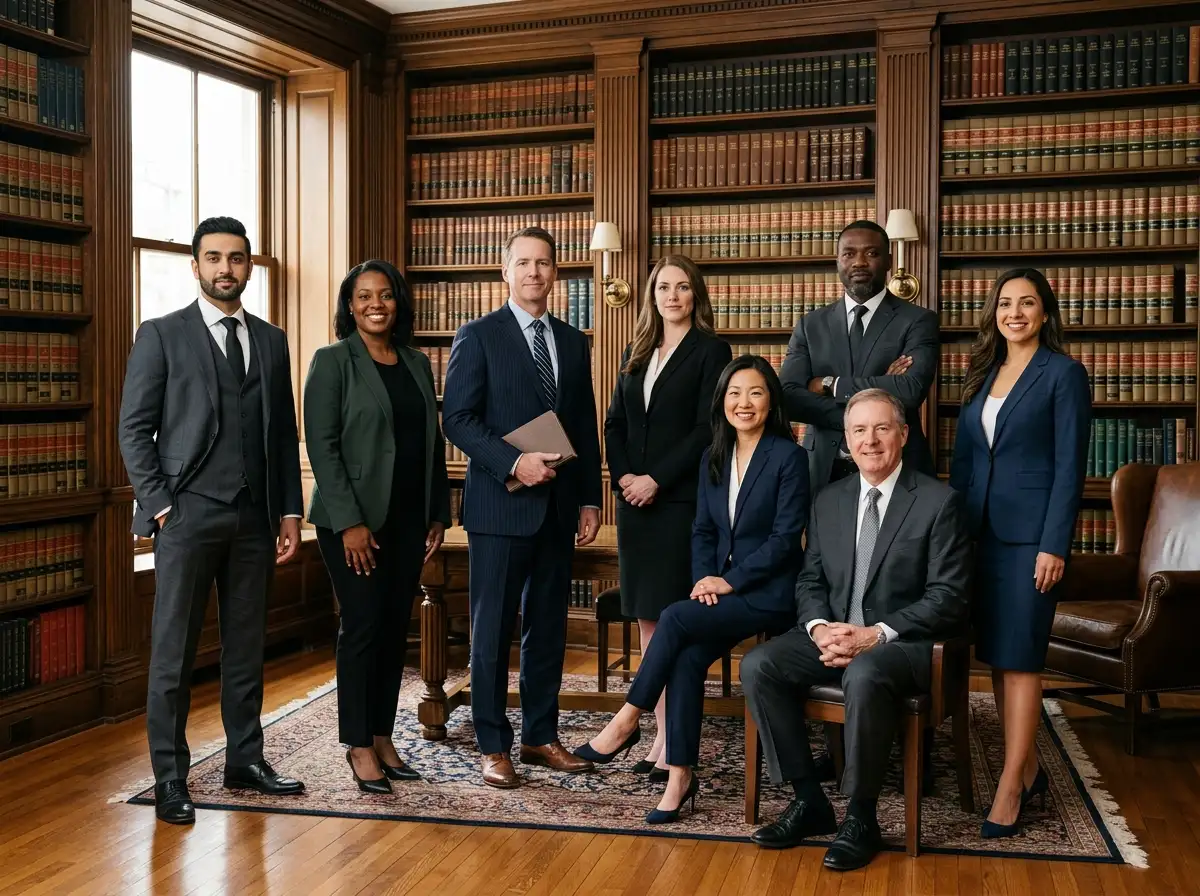 Expert legal counsel team in a classic law firm library office